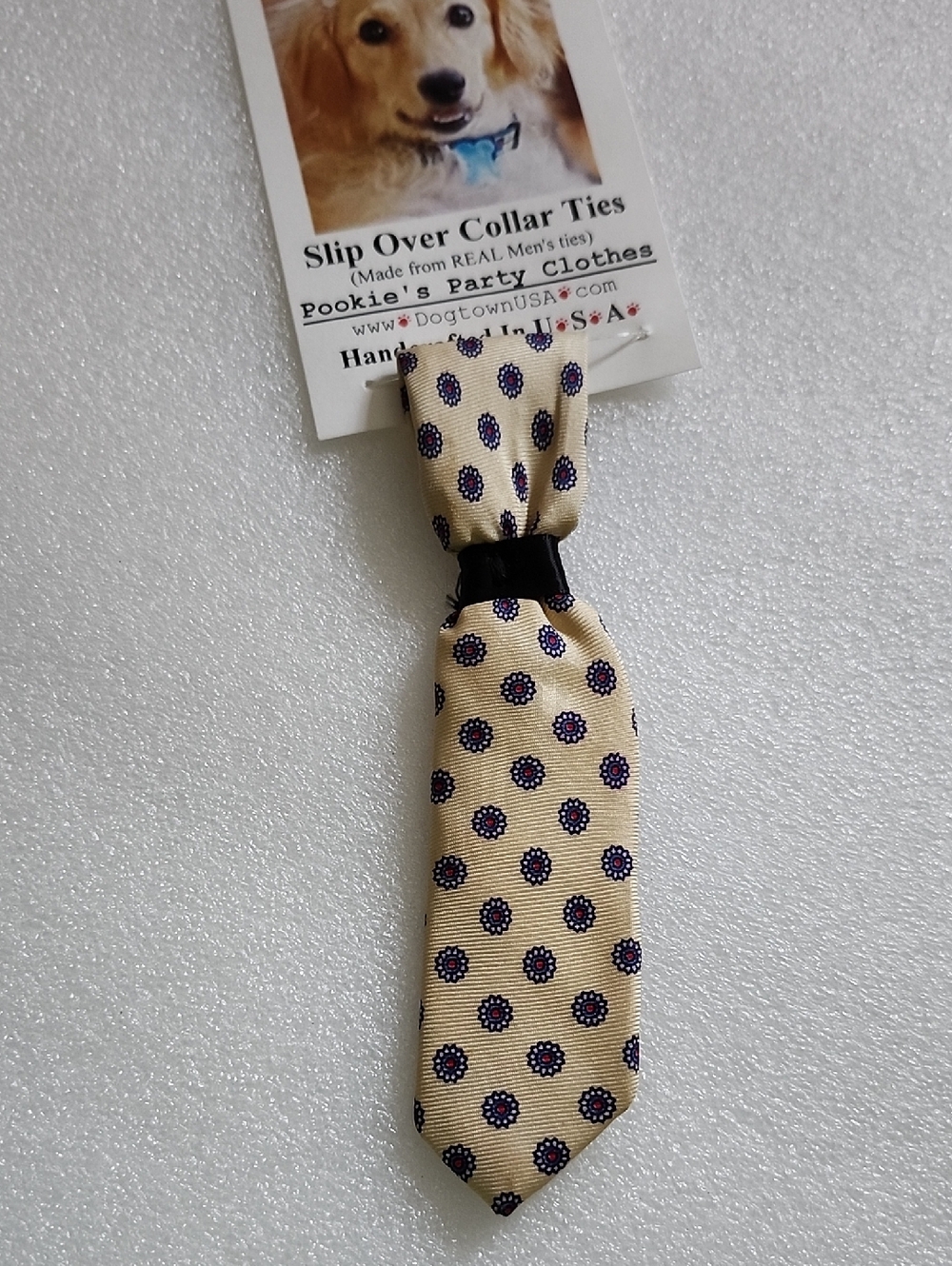 Hand Crafted Beige Dog Collar Tie with Navy & Red Medallions